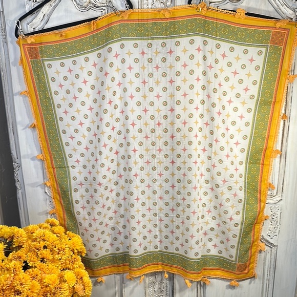 Elegant White and Green Scarf with Orange Accents - Picture 1 of 6